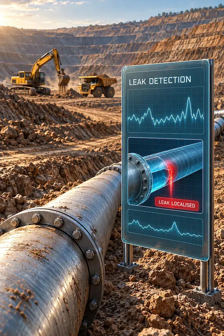Excavator and haul truck working beside a large pipeline in an open pit, with a display showing a leak localised on the pipe