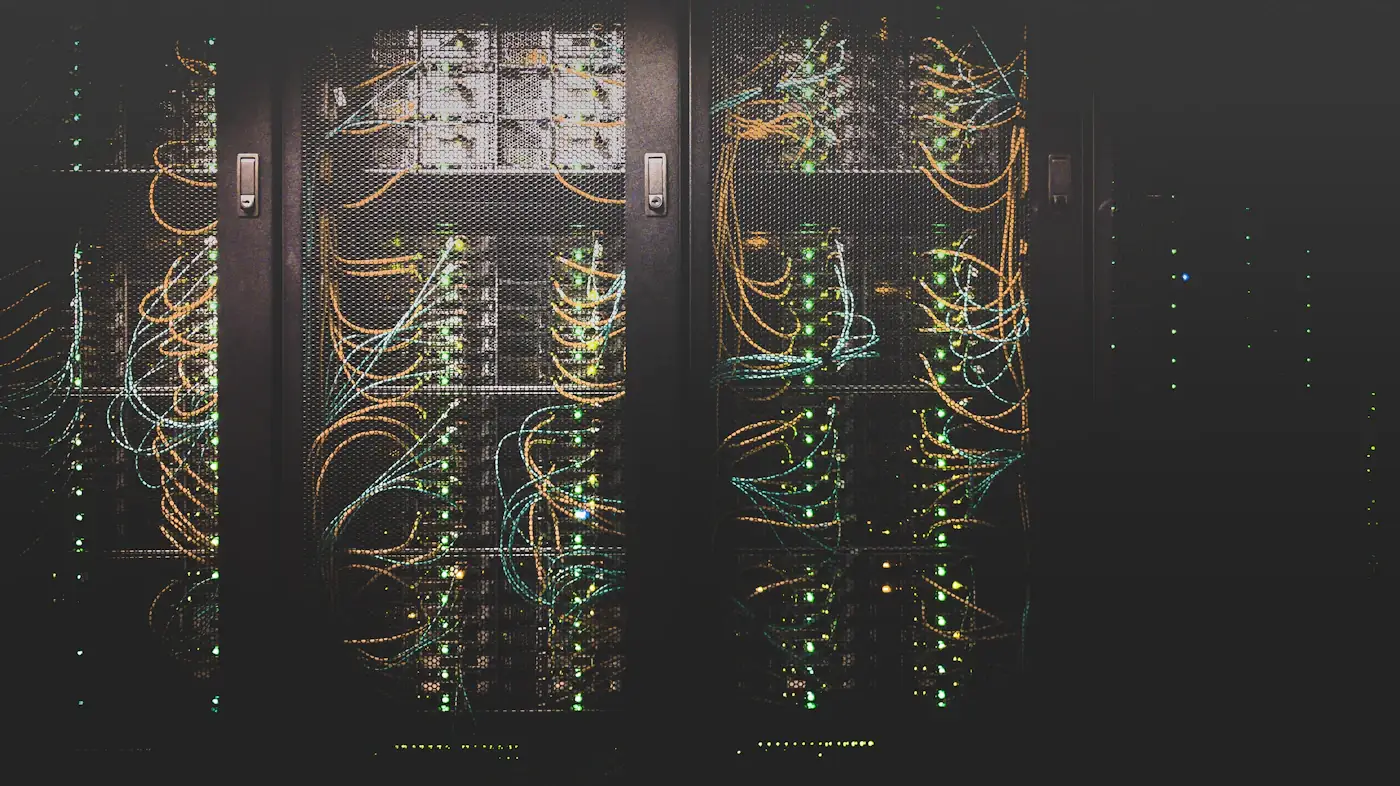 Server racks with illuminated fibre and network cabling