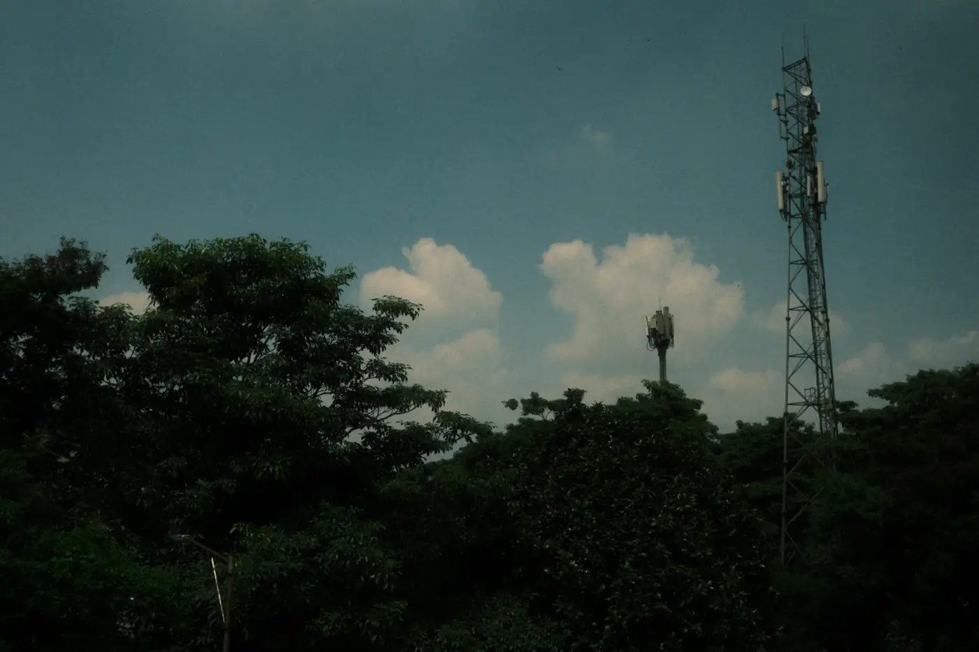 Telecommunications mast above trees under a dark sky