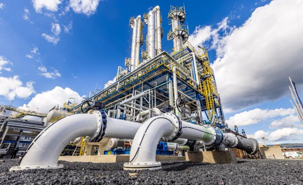 Petrochemical processing plant with pipework and distillation towers at ORLEN Unipetrol